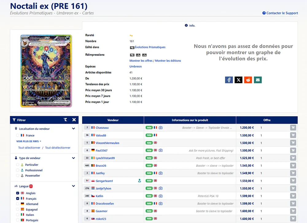 Combien coûte la carte Pokémon Noctali ex 161/131 ?